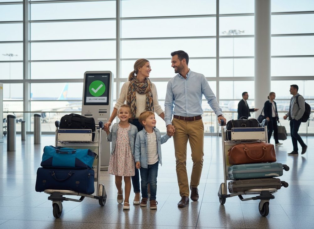 Familia con valijas llegando al aeropuerto